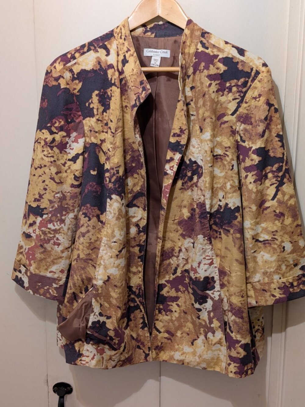 Tie-dye Art Coldwater Creek Blazer -Brwn-tan-cream -3/4 sleeves -Band collar -2X